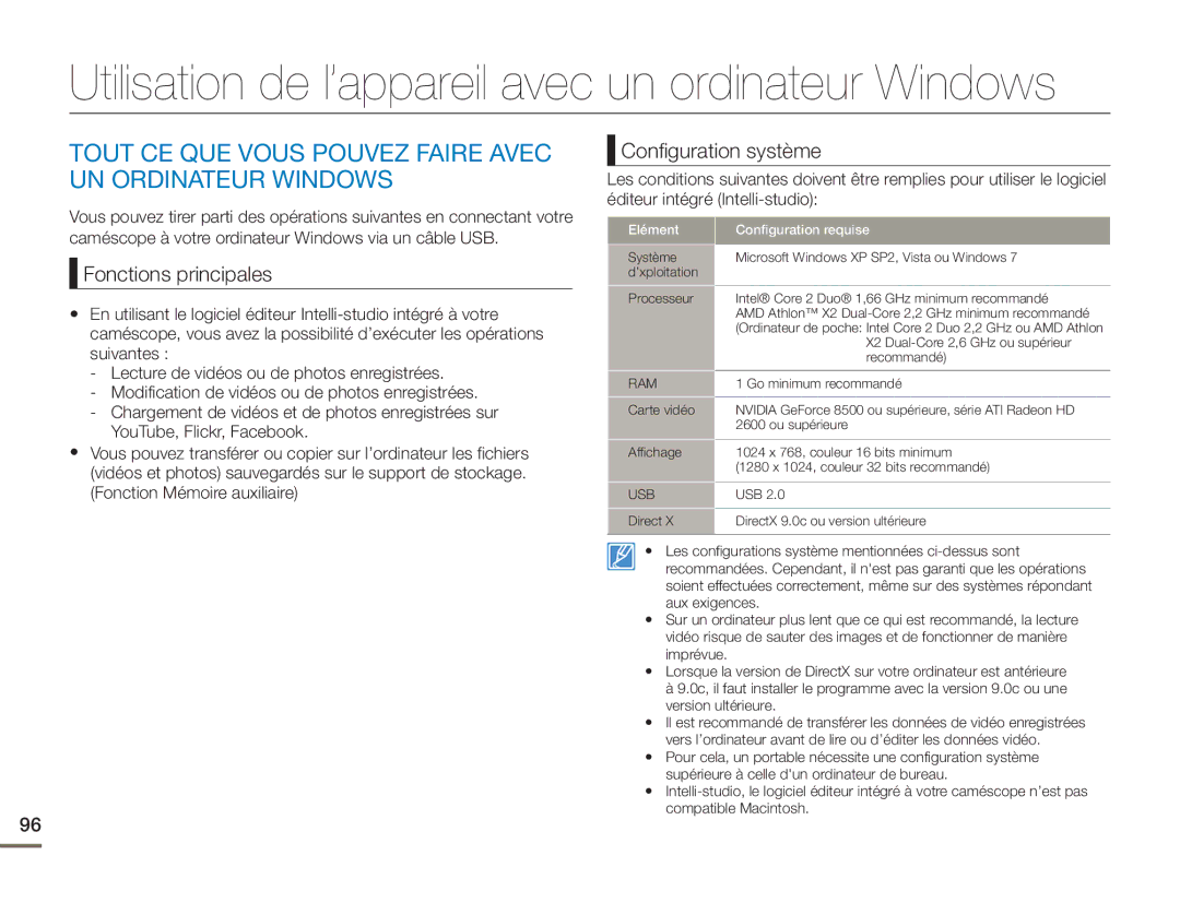 Samsung HMX-H400BP/EDC manual Tout CE QUE Vous Pouvez Faire Avec UN Ordinateur Windows, Configuration système 