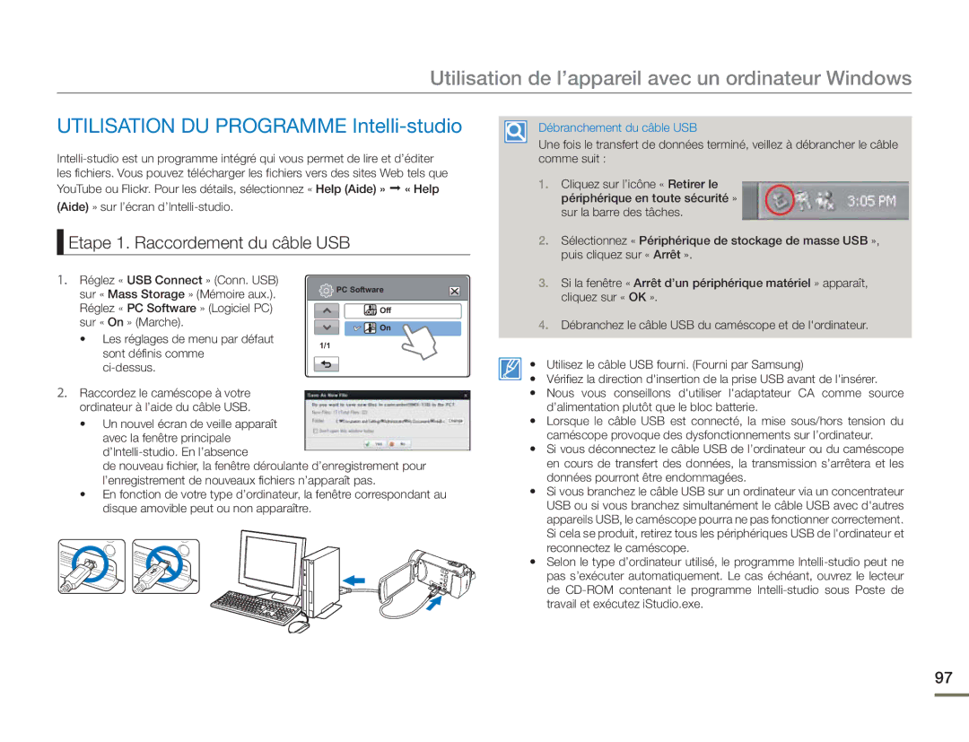 Samsung HMX-H400BP/EDC manual Utilisation de l’appareil avec un ordinateur Windows, Utilisation DU Programme Intelli-studio 