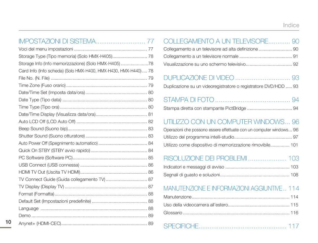 Samsung HMX-H400BP/EDC manual 103, 114, 117 