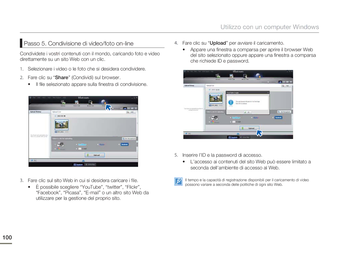 Samsung HMX-H400BP/EDC manual Passo 5. Condivisione di video/foto on-line, 100 