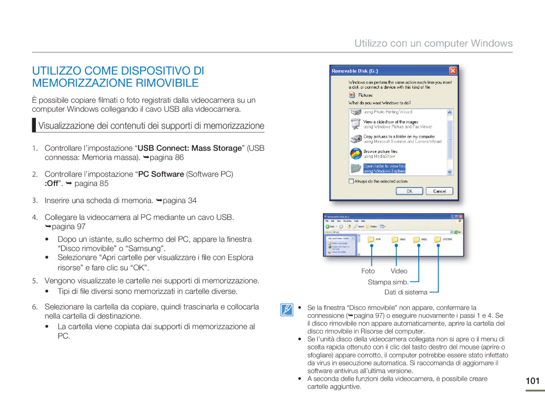 Samsung HMX-H400BP/EDC manual Utilizzo Come Dispositivo DI Memorizzazione Rimovibile, 101 