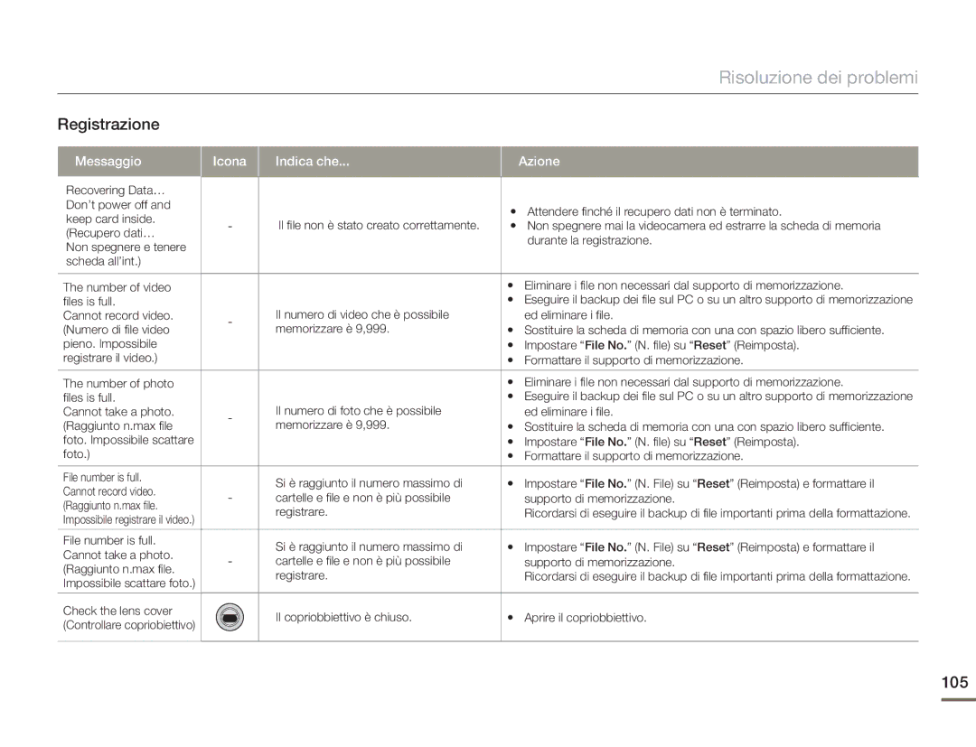 Samsung HMX-H400BP/EDC manual Registrazione, 105 