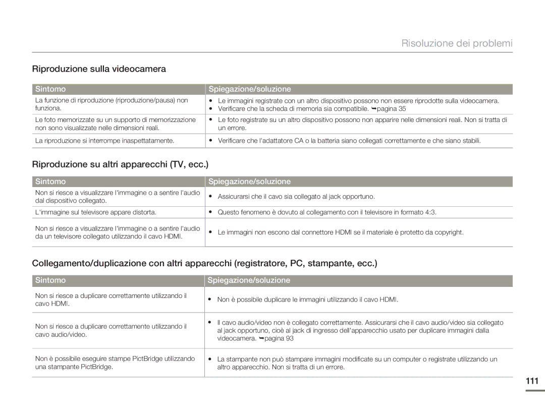 Samsung HMX-H400BP/EDC manual Riproduzione sulla videocamera, Riproduzione su altri apparecchi TV, ecc, 111 