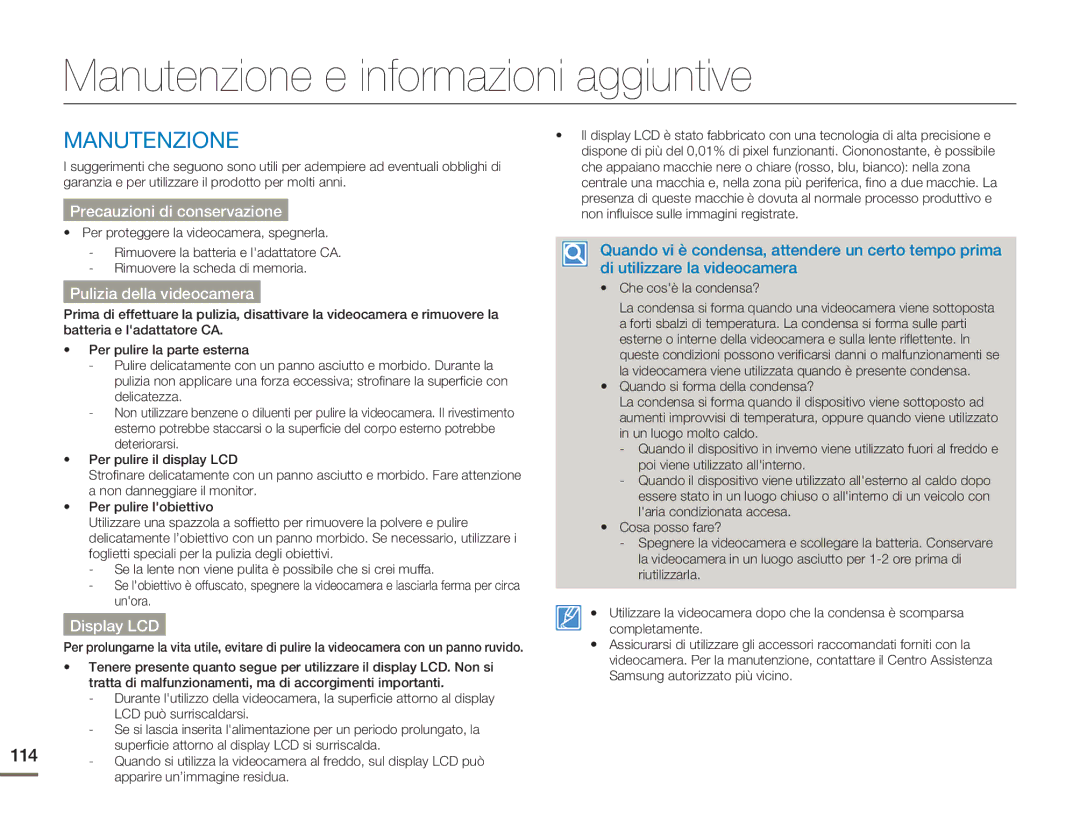 Samsung HMX-H400BP/EDC manual Manutenzione e informazioni aggiuntive 