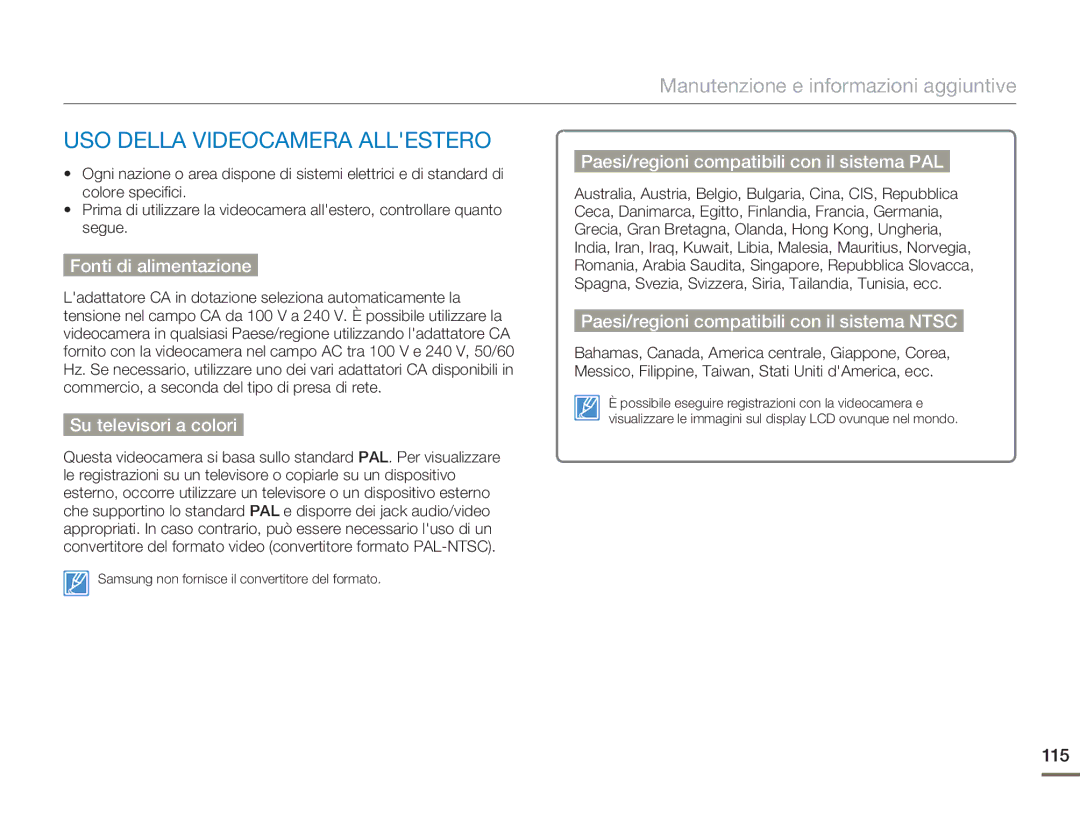 Samsung HMX-H400BP/EDC manual USO Della Videocamera Allestero, Fonti di alimentazione, Su televisori a colori 