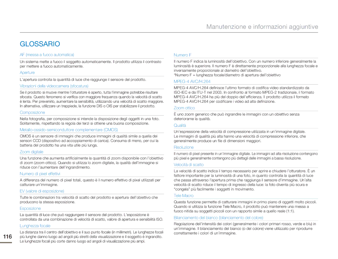 Samsung HMX-H400BP/EDC manual Glossario, AF messa a fuoco automatica 