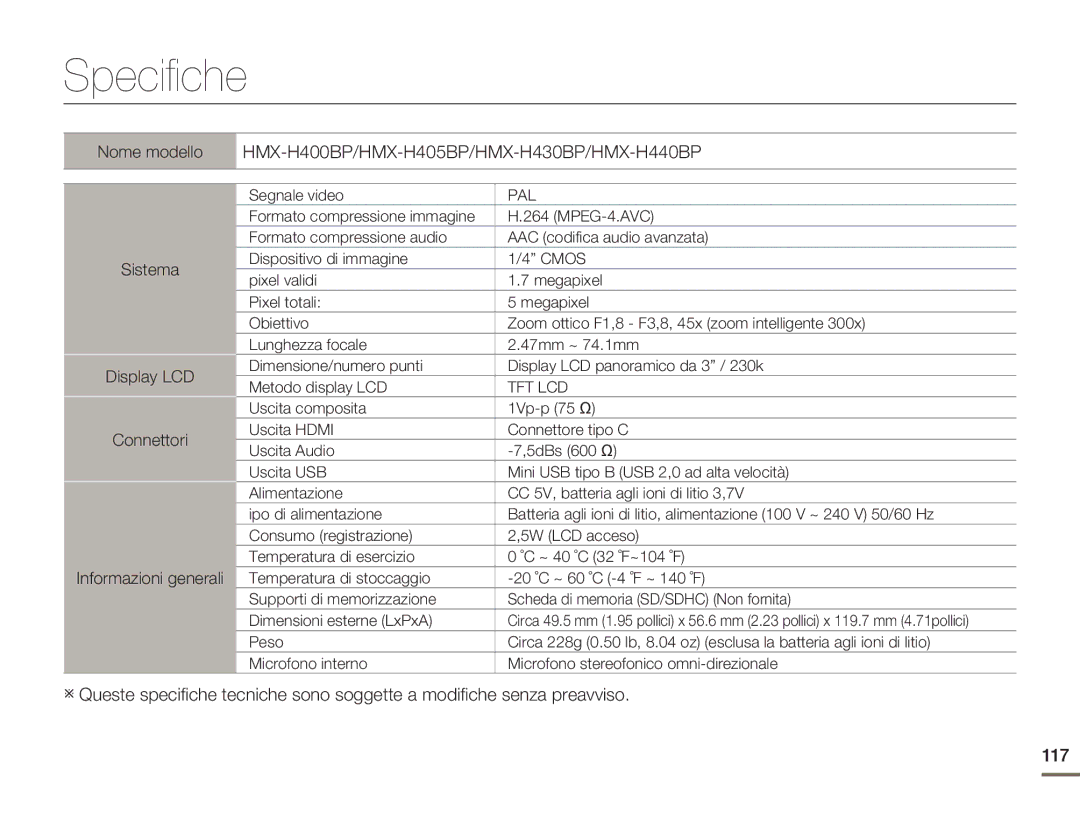 Samsung HMX-H400BP/EDC manual Specifiche, Nome modello HMX-H400BP/HMX-H405BP/HMX-H430BP/HMX-H440BP 