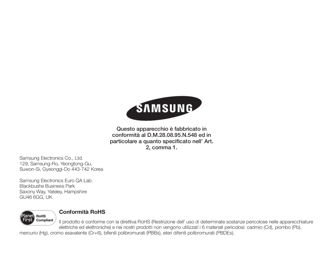 Samsung HMX-H400BP/EDC manual Conformità RoHS 