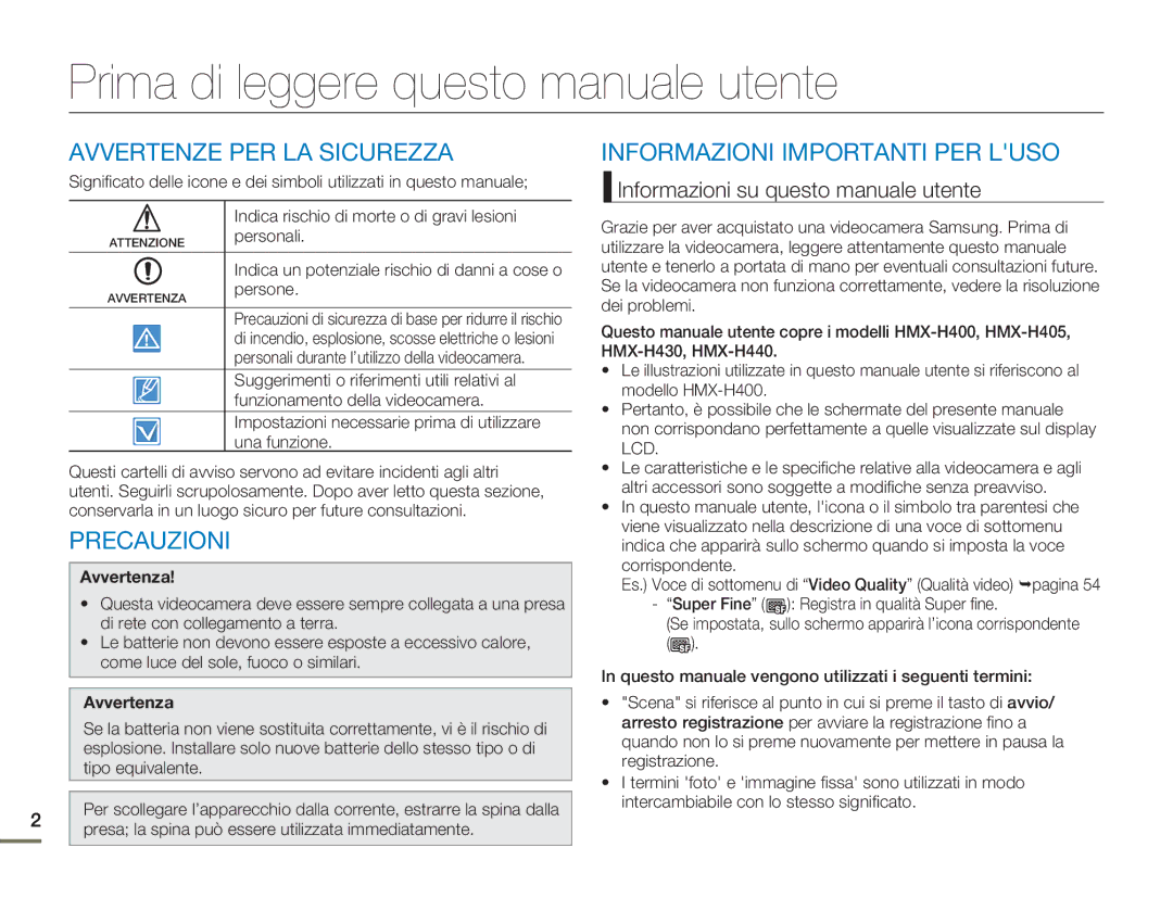 Samsung HMX-H400BP/EDC Prima di leggere questo manuale utente, Avvertenze PER LA Sicurezza, Precauzioni 