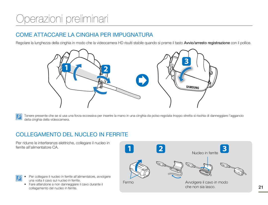 Samsung HMX-H400BP/EDC manual Operazioni preliminari, Come Attaccare LA Cinghia PER Impugnatura 