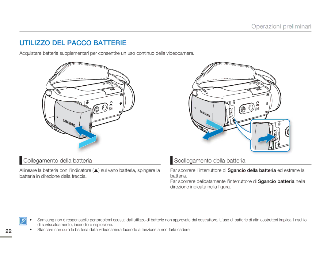 Samsung HMX-H400BP/EDC manual Utilizzo DEL Pacco Batterie, Collegamento della batteria, Scollegamento della batteria 