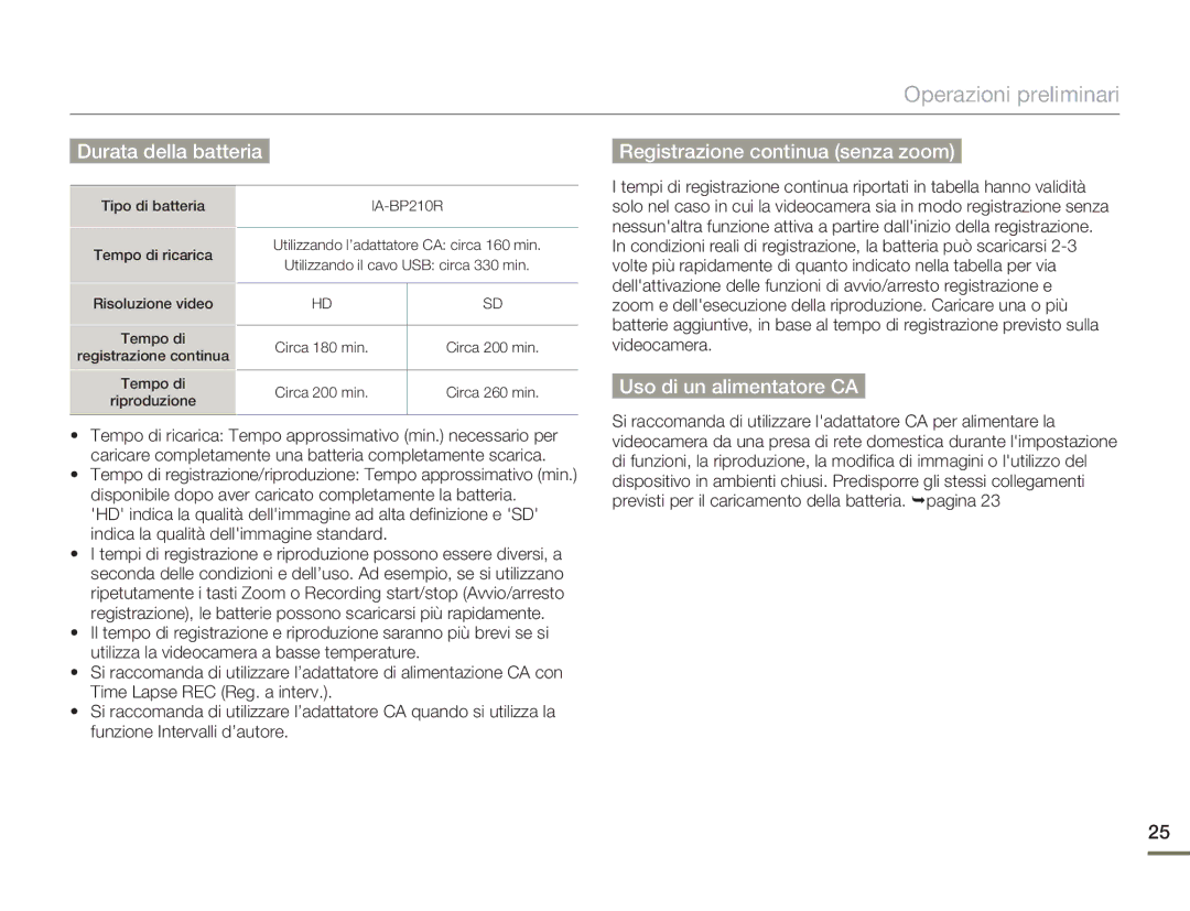 Samsung HMX-H400BP/EDC manual Durata della batteria Registrazione continua senza zoom, Uso di un alimentatore CA 