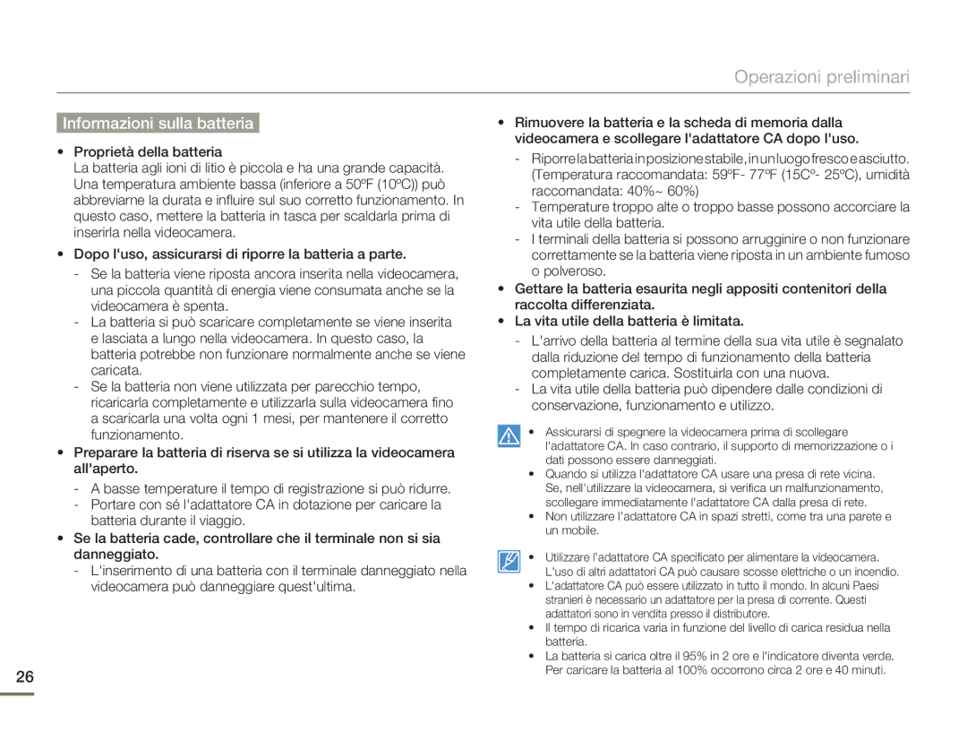 Samsung HMX-H400BP/EDC manual Informazioni sulla batteria 