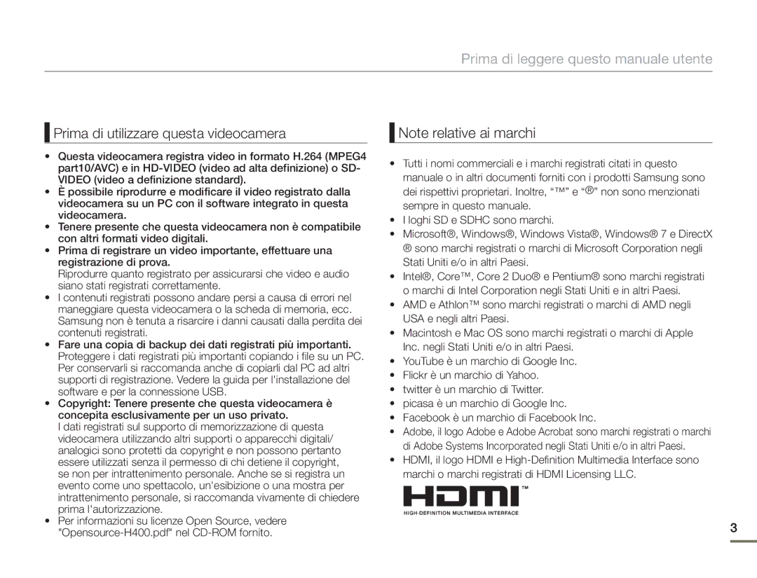 Samsung HMX-H400BP/EDC Prima di leggere questo manuale utente 