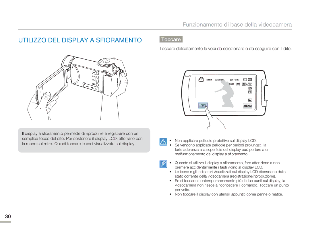 Samsung HMX-H400BP/EDC manual Utilizzo DEL Display a Sfioramento, Toccare 