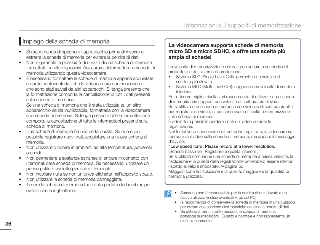 Samsung HMX-H400BP/EDC manual Impiego della scheda di memoria 