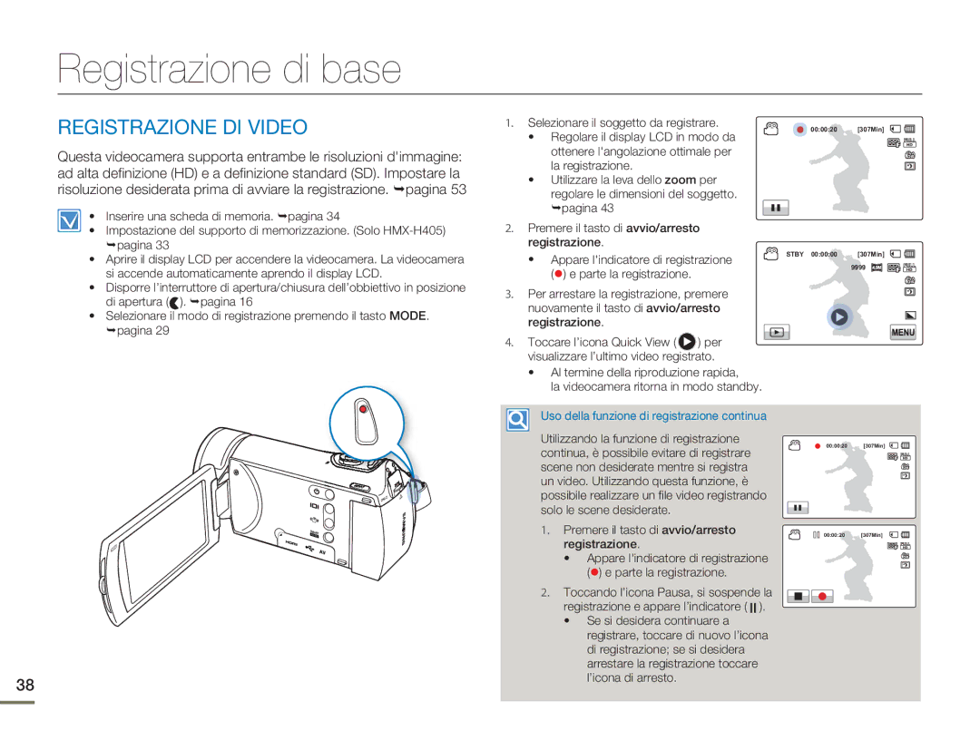 Samsung HMX-H400BP/EDC manual Registrazione di base, Registrazione DI Video 