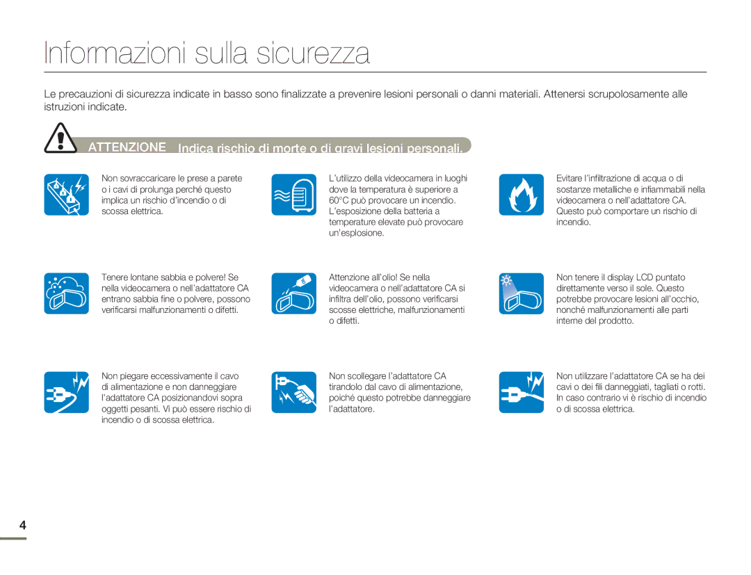 Samsung HMX-H400BP/EDC manual Informazioni sulla sicurezza 