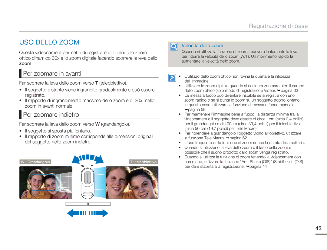 Samsung HMX-H400BP/EDC manual USO Dello Zoom, Per zoomare in avanti, Per zoomare indietro 