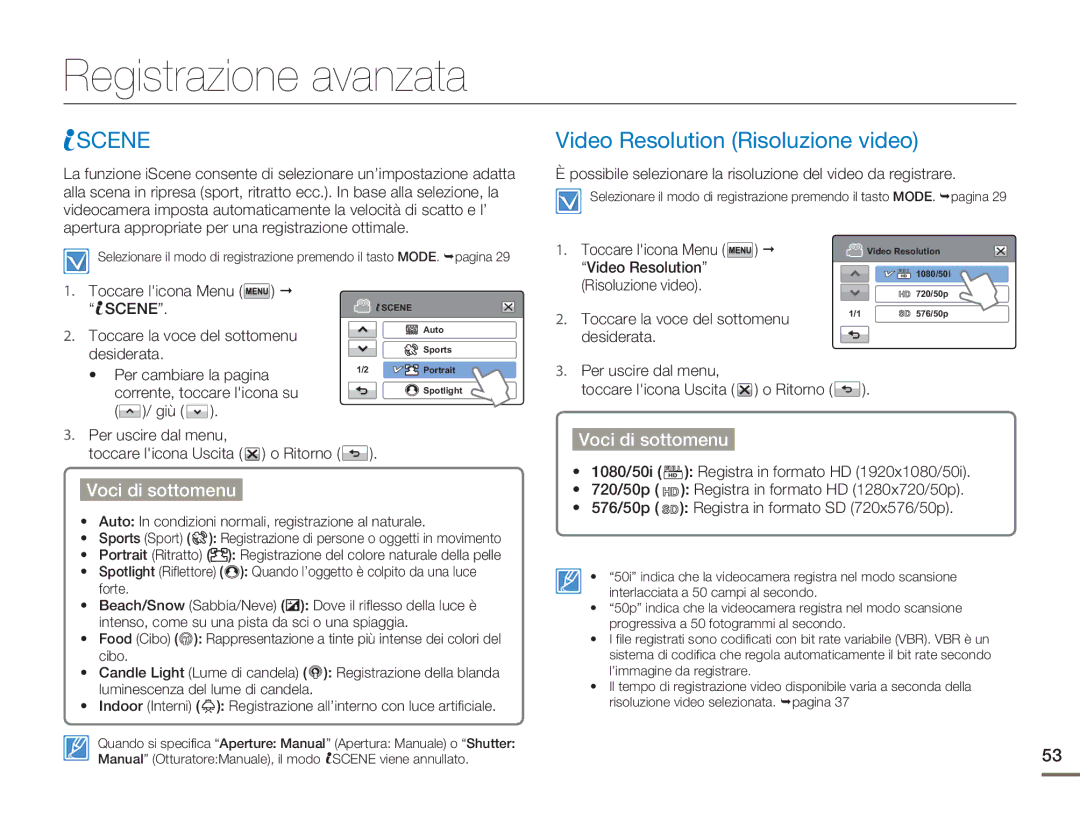 Samsung HMX-H400BP/EDC manual Registrazione avanzata, Scene, Video Resolution Risoluzione video 