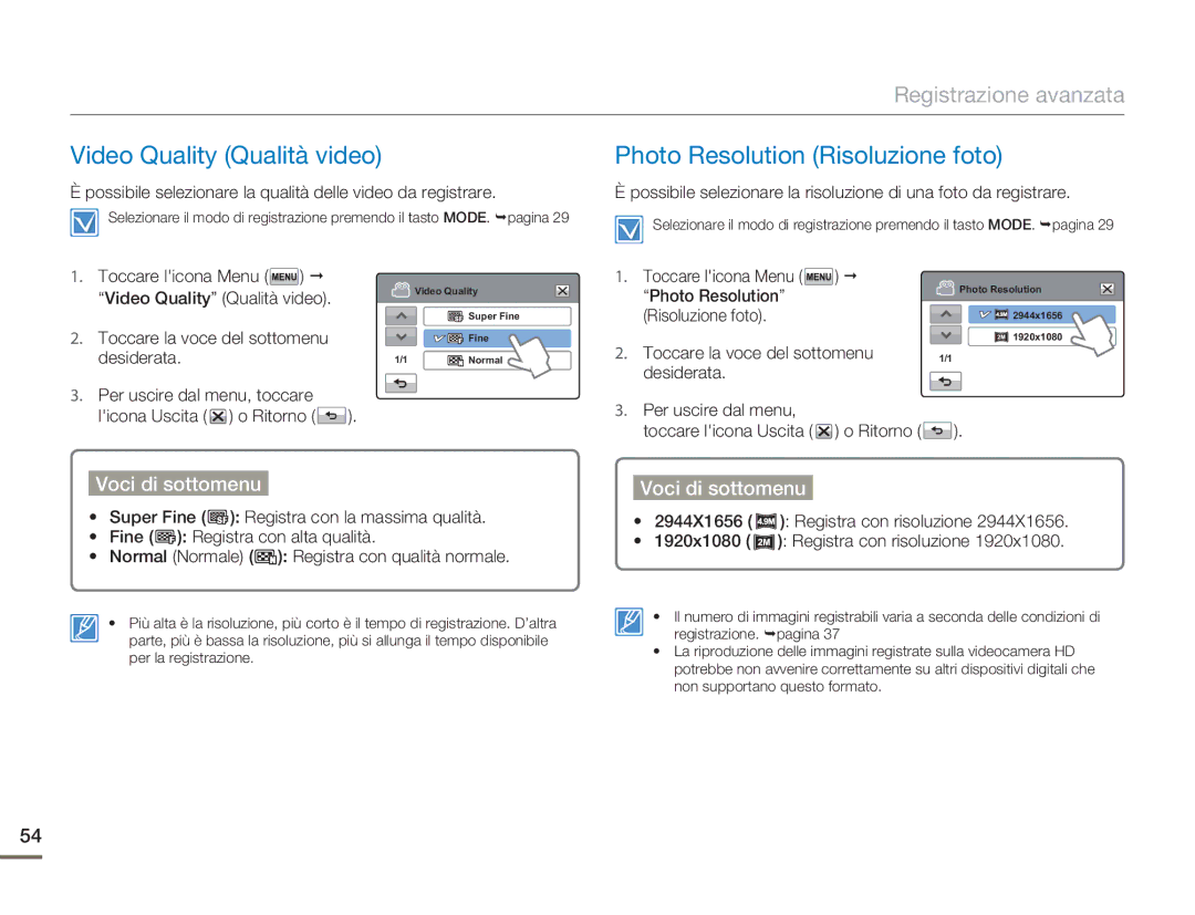 Samsung HMX-H400BP/EDC manual Video Quality Qualità video, Photo Resolution Risoluzione foto 