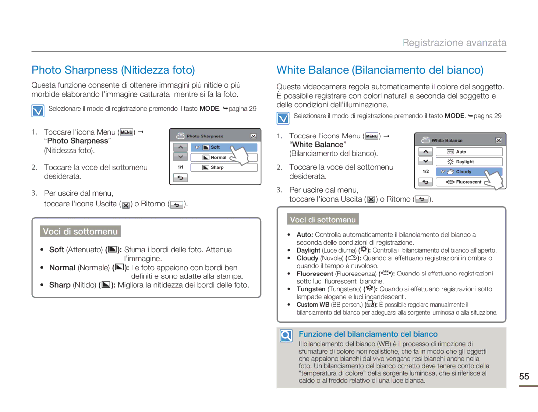 Samsung HMX-H400BP/EDC manual Photo Sharpness Nitidezza foto, White Balance Bilanciamento del bianco 