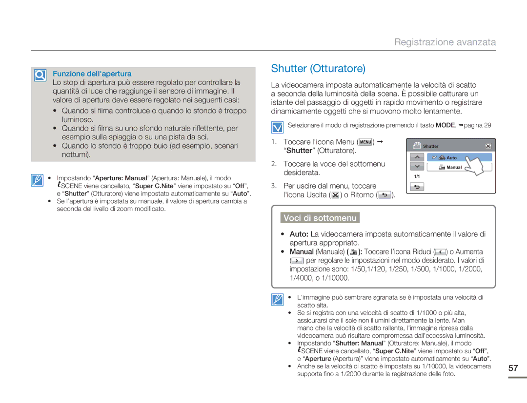 Samsung HMX-H400BP/EDC manual Shutter Otturatore 