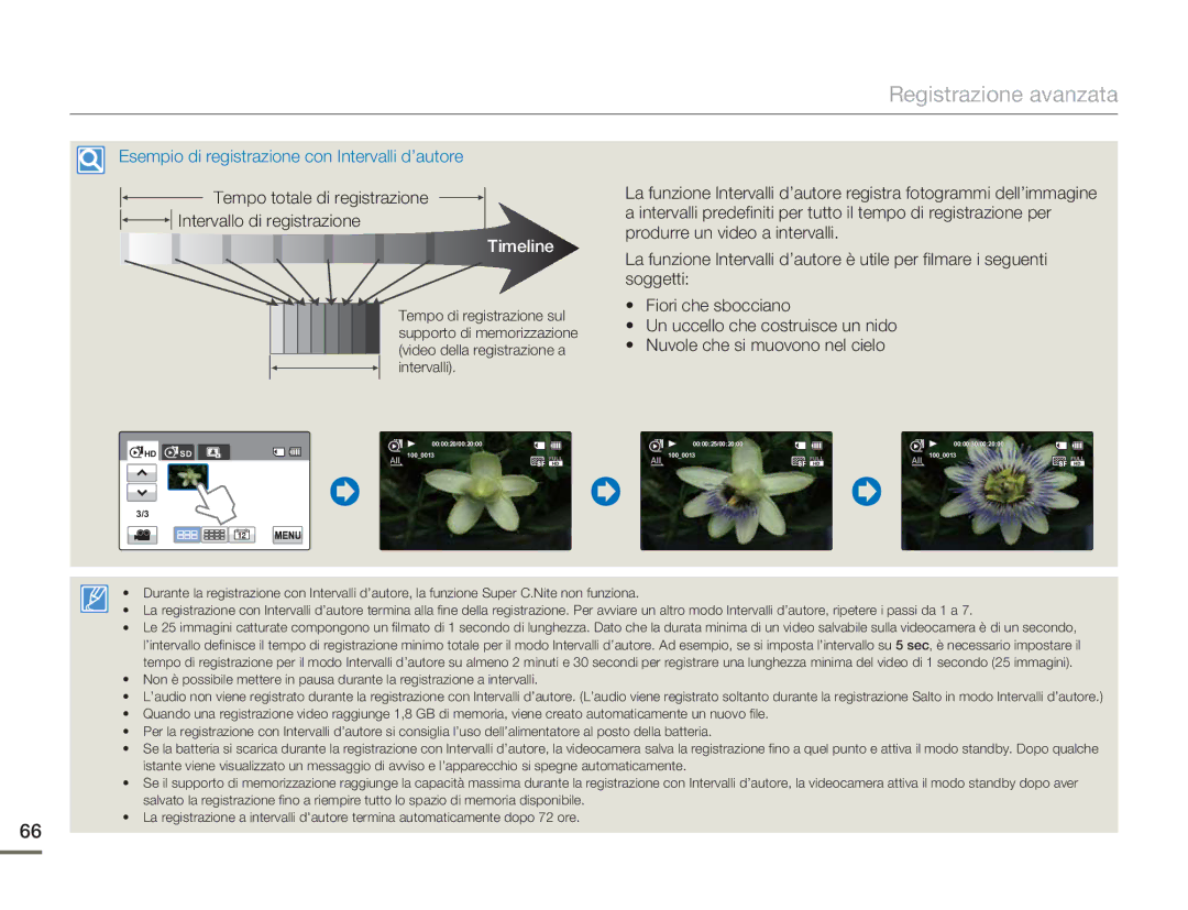 Samsung HMX-H400BP/EDC manual Tempo totale di registrazione Intervallo di registrazione, Timeline 