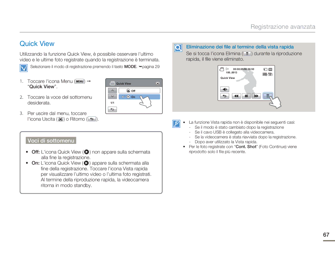 Samsung HMX-H400BP/EDC manual Quick View, Voci di sottomenu 