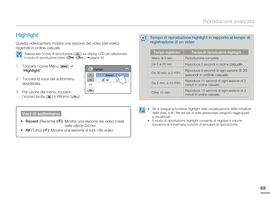 Samsung HMX-H400BP/EDC manual Highlight, Secondi in ordine casuale 