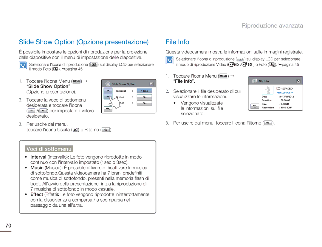 Samsung HMX-H400BP/EDC manual Slide Show Option Opzione presentazione, File Info 