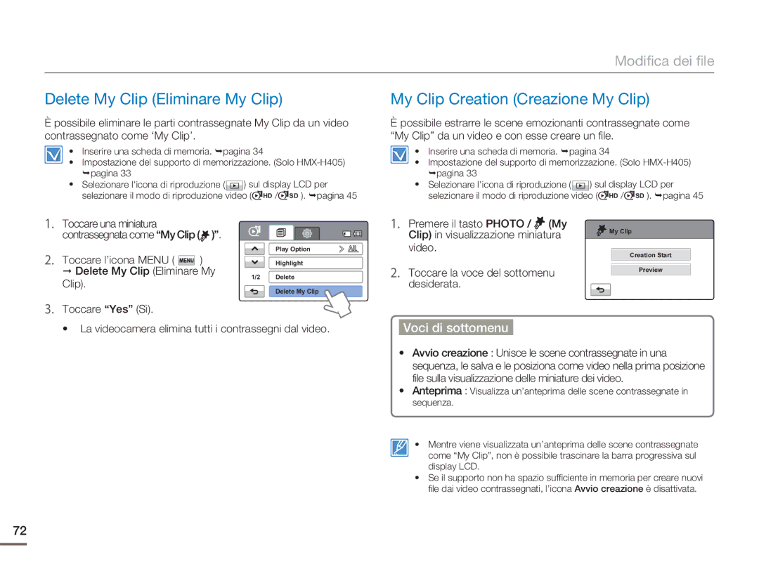 Samsung HMX-H400BP/EDC Delete My Clip Eliminare My Clip, My Clip Creation Creazione My Clip, Contrassegnata come My Clip 