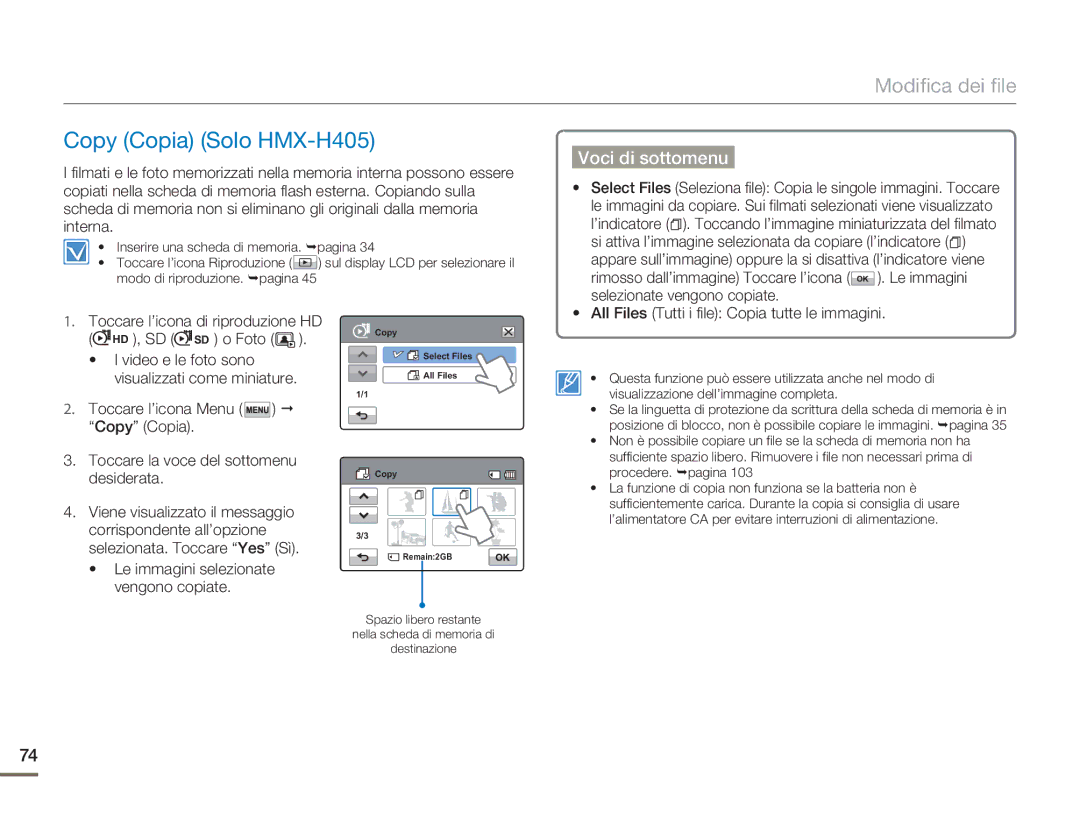 Samsung HMX-H400BP/EDC manual Copy Copia Solo HMX-H405, Si attiva l’immagine selezionata da copiare l’indicatore 