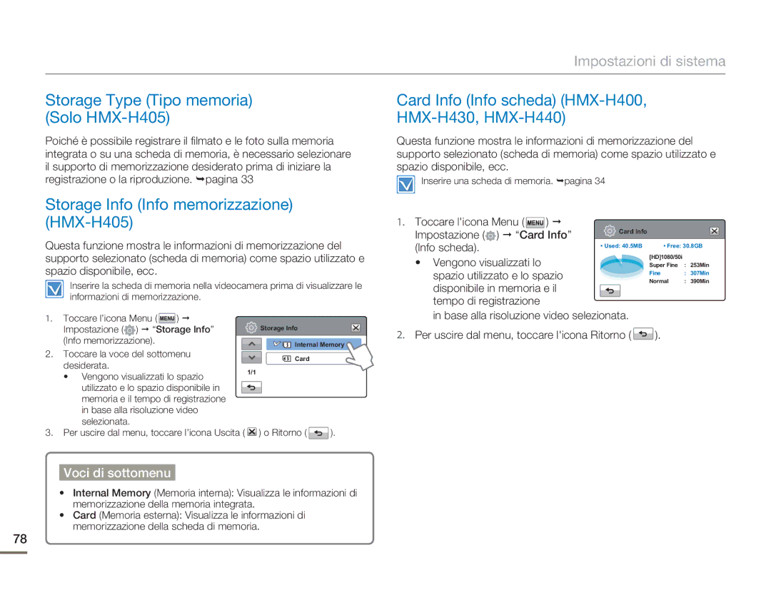 Samsung HMX-H400BP/EDC manual Storage Type Tipo memoria Solo HMX-H405, Card Info Info scheda HMX-H400, HMX-H430, HMX-H440 