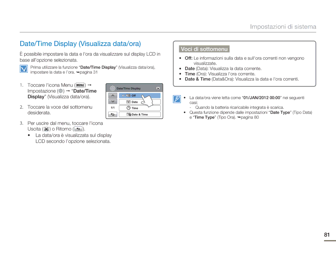 Samsung HMX-H400BP/EDC manual Date/Time Display Visualizza data/ora 