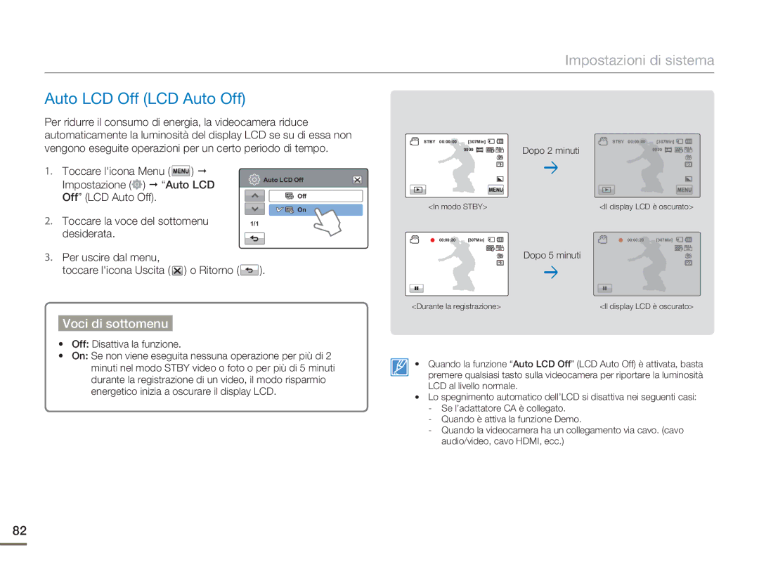 Samsung HMX-H400BP/EDC manual Auto LCD Off LCD Auto Off, Off Disattiva la funzione 