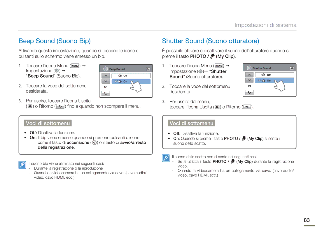 Samsung HMX-H400BP/EDC manual Beep Sound Suono Bip, Shutter Sound Suono otturatore, Impostazione Shutter 