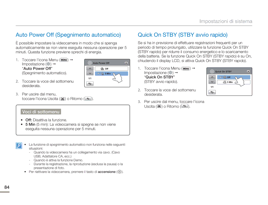 Samsung HMX-H400BP/EDC manual Auto Power Off Spegnimento automatico, Quick On Stby Stby avvio rapido 