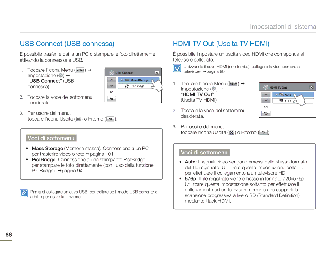 Samsung HMX-H400BP/EDC manual USB Connect USB connessa, Hdmi TV Out Uscita TV Hdmi 