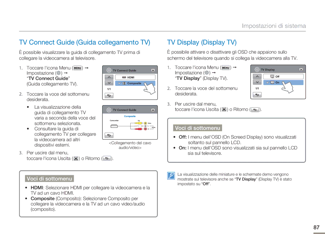 Samsung HMX-H400BP/EDC manual TV Connect Guide Guida collegamento TV, TV Display Display TV, Soltanto sul pannello LCD 