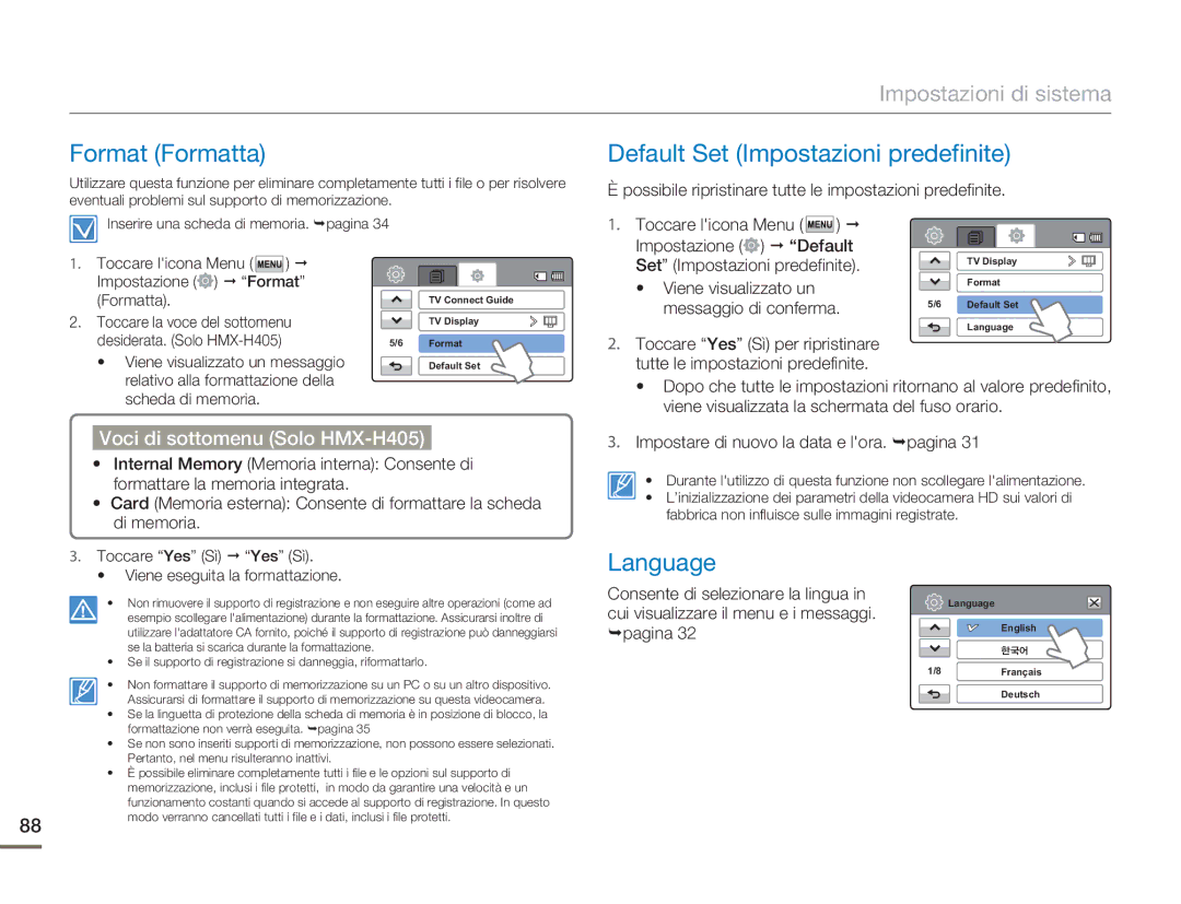 Samsung HMX-H400BP/EDC Format Formatta, Default Set Impostazioni predefinite, Language, Voci di sottomenu Solo HMX-H405 