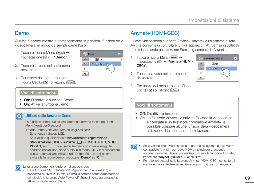 Samsung HMX-H400BP/EDC manual Demo, Anynet+HDMI-CEC, CEC Toccare la voce del sottomenu Desiderata 