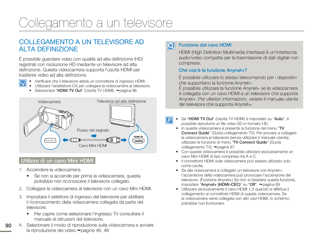 Samsung HMX-H400BP/EDC manual Collegamento a un televisore, Collegamento a UN Televisore AD Alta Definizione 