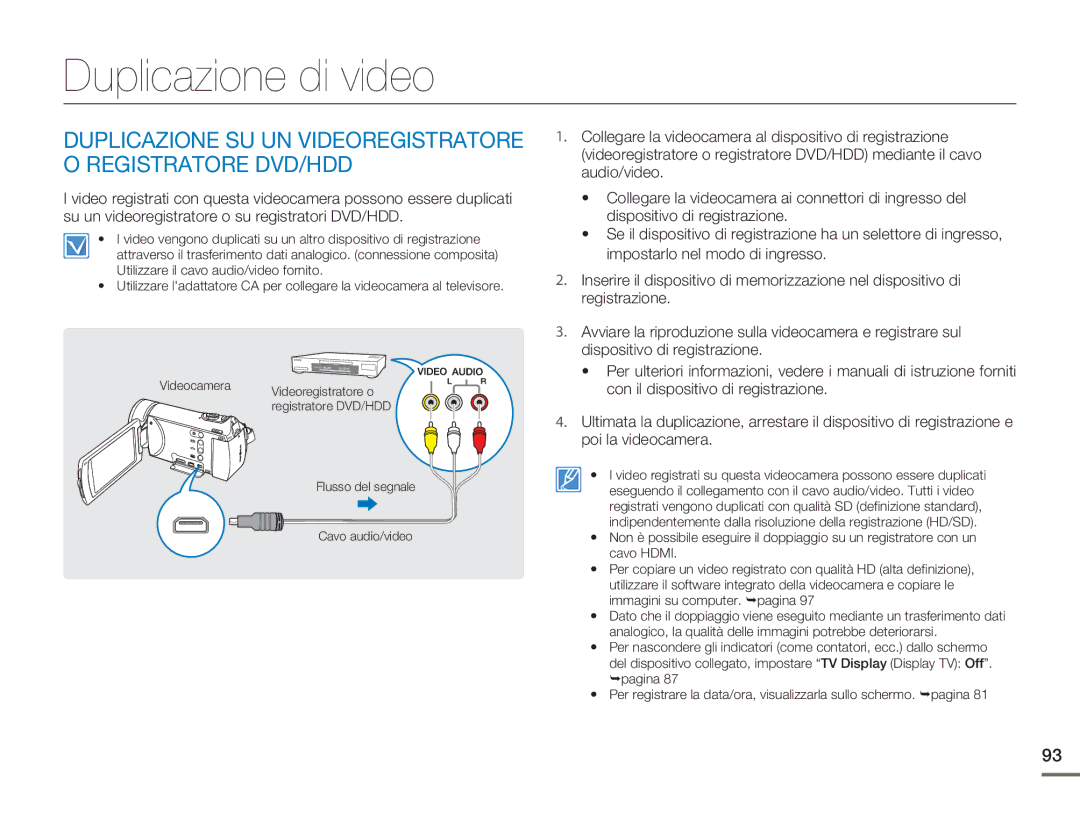 Samsung HMX-H400BP/EDC manual Duplicazione di video, Duplicazione SU UN Videoregistratore O Registratore DVD/HDD 