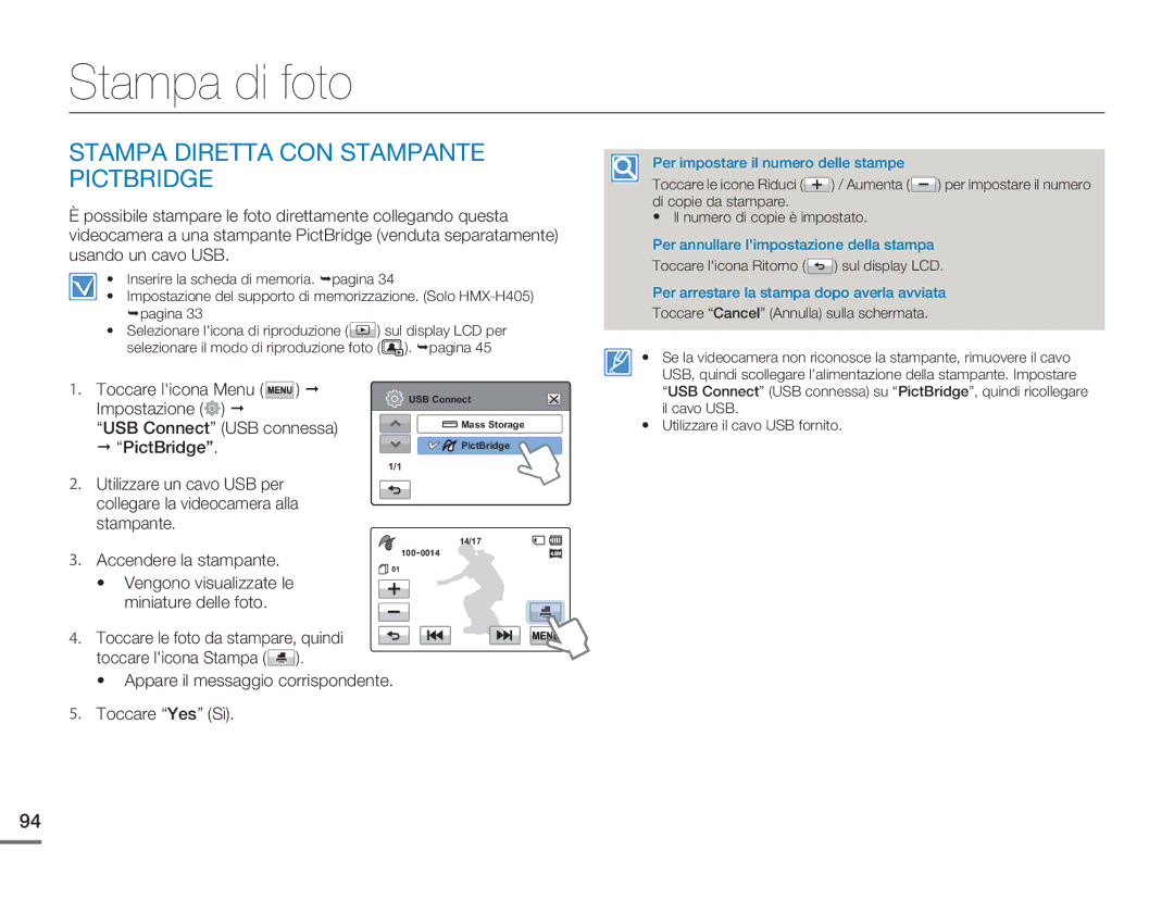 Samsung HMX-H400BP/EDC manual Stampa di foto, Stampa Diretta CON Stampante Pictbridge 