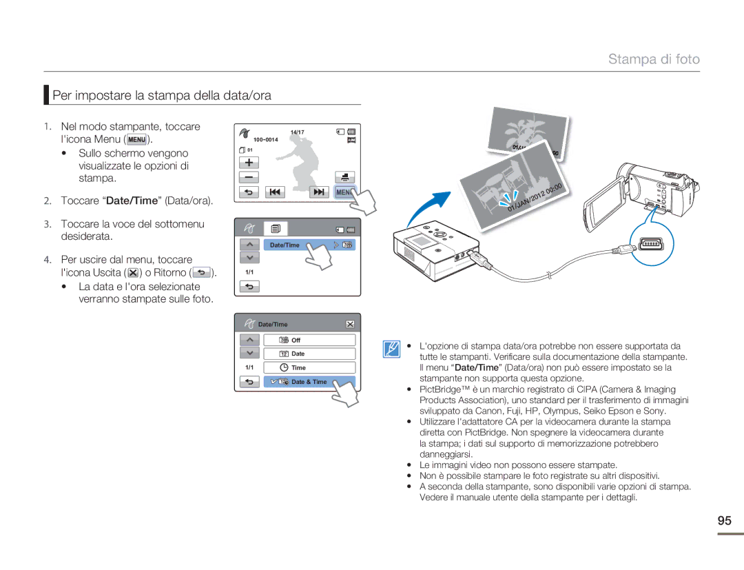 Samsung HMX-H400BP/EDC manual Stampa di foto, Per impostare la stampa della data/ora 