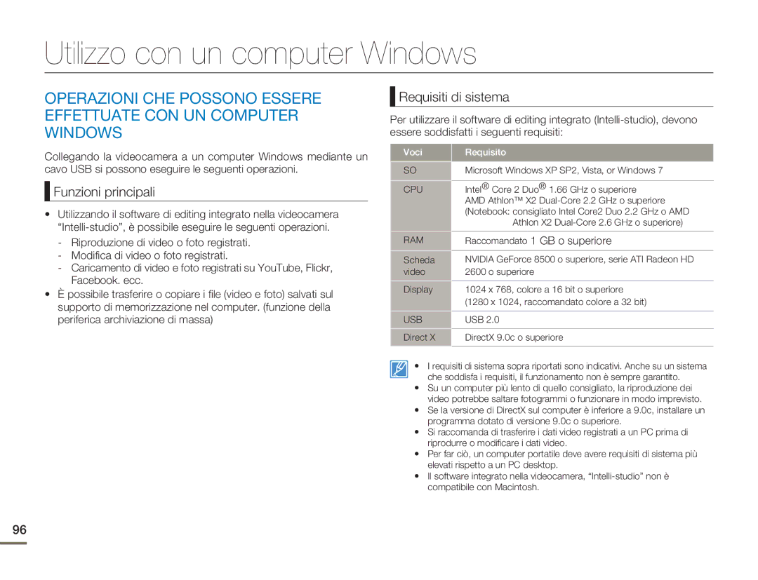 Samsung HMX-H400BP/EDC manual Utilizzo con un computer Windows, Funzioni principali, Requisiti di sistema 