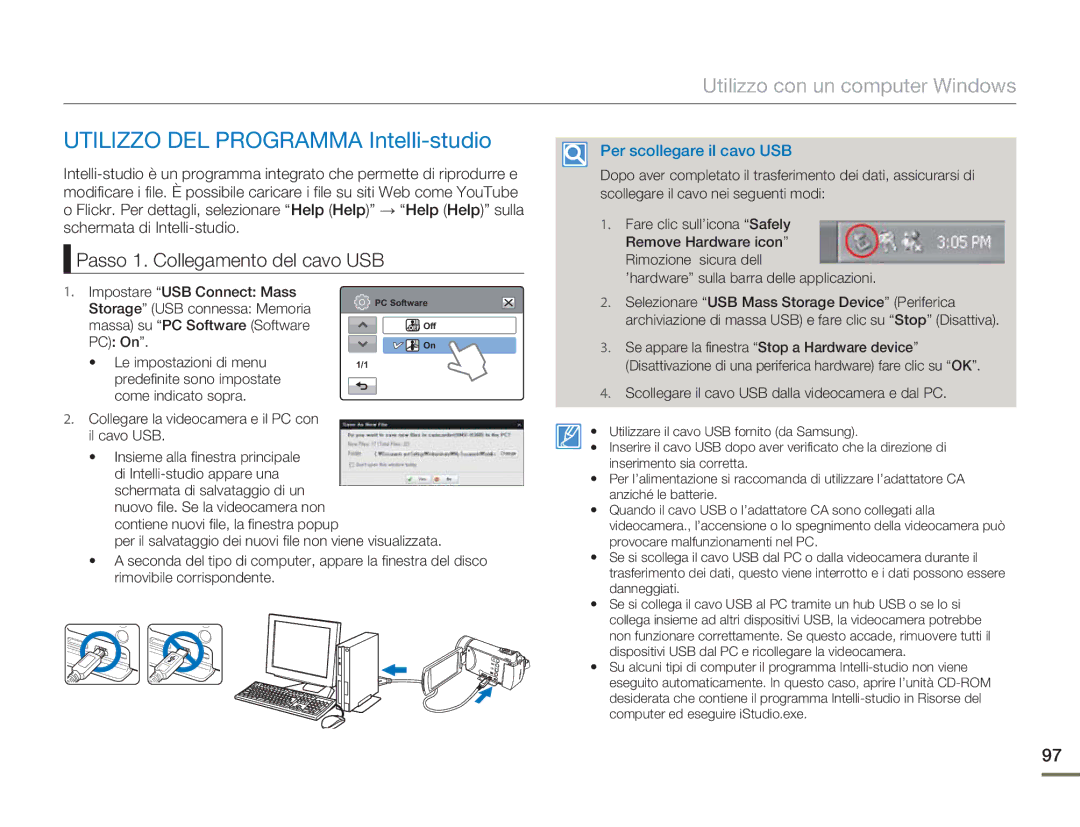 Samsung HMX-H400BP/EDC manual Utilizzo DEL Programma Intelli-studio, Passo 1. Collegamento del cavo USB 