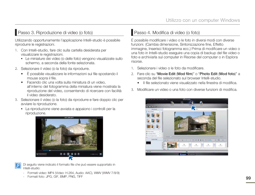 Samsung HMX-H400BP/EDC manual Passo 3. Riproduzione di video o foto, Passo 4. Modifica di video o foto 