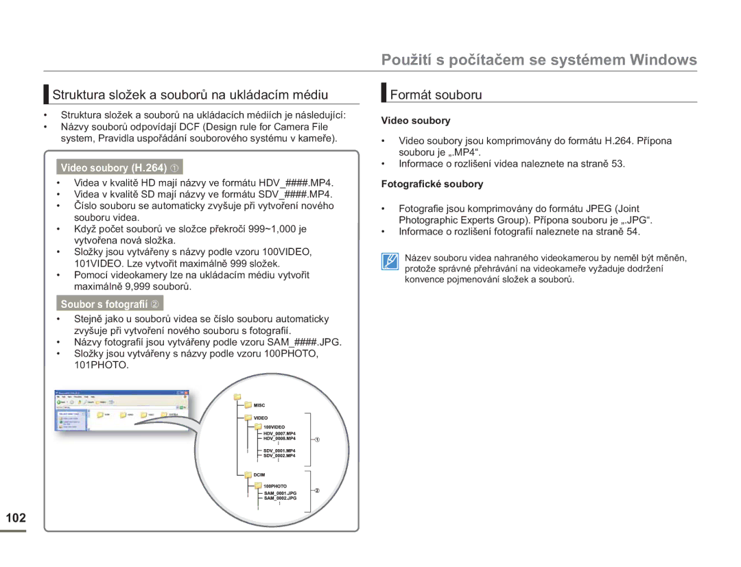 Samsung HMX-H400BP/EDC Struktura složek a souborů na ukládacím médiu, Formát souboru, Video soubory, Fotograﬁcké soubory 